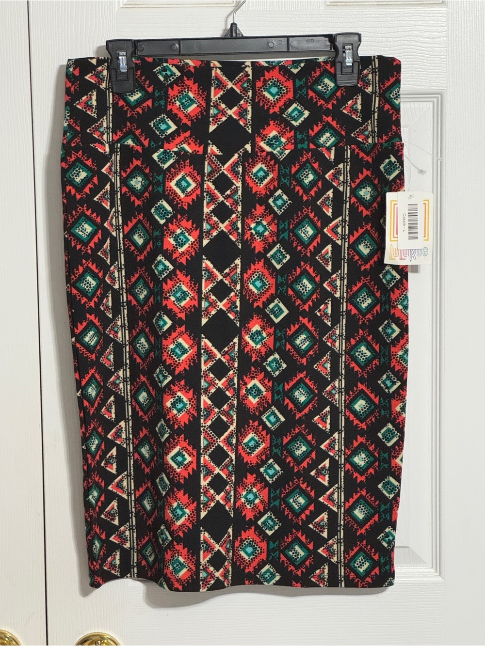 LuLaRoe Black Pencil Skirt with Red, Teal & Cream Geometric Print